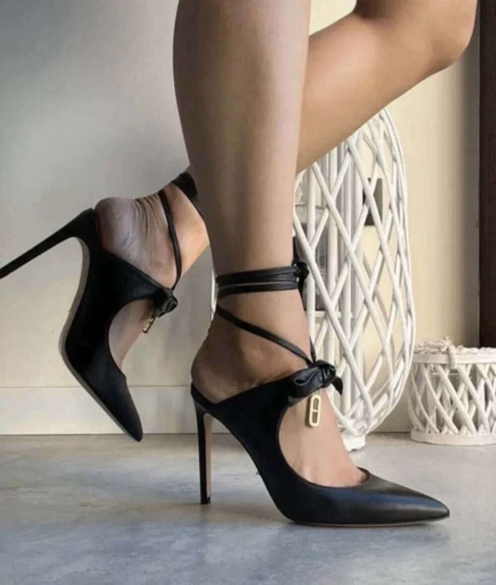 Dee Ocleppo Black Nappa Leather Pointed Toe Bow Mules